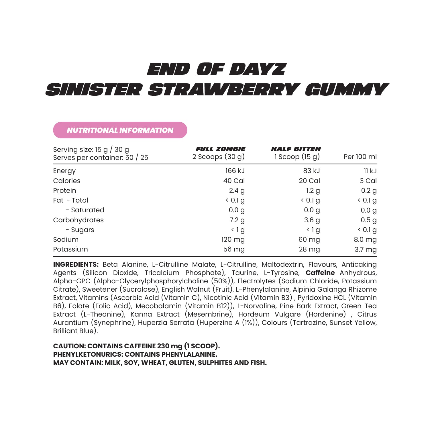 Zombie Labs End of Dayz Pre-Workout - 750g (50 Scoops) - Sinister Strawberry Gummy