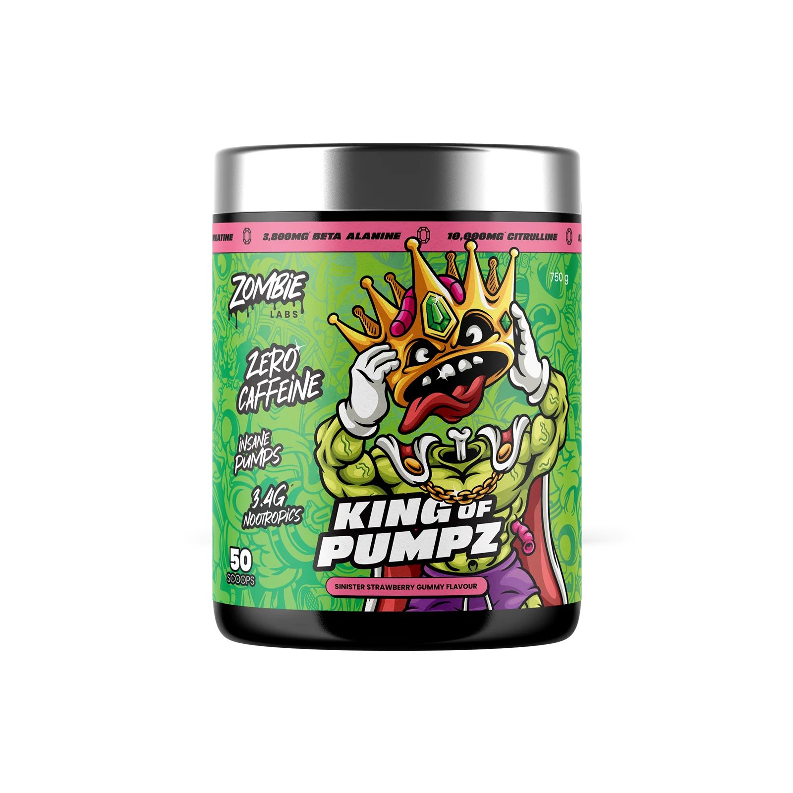 Zombie Labs King of Pumpz Non-Stim Pre-Workout - 750g (50 Scoops) - Sinister Strawberry Gummy Flavour
